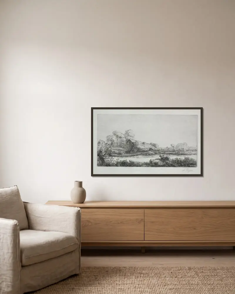 Gården vid floden av Alphonse Legros inramad på en vägg