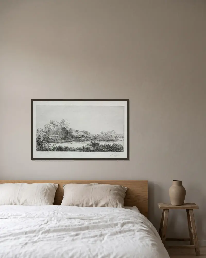 Gården vid floden av Alphonse Legros inramad på en vägg