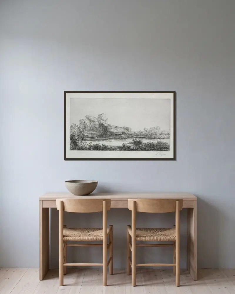 Gården vid floden av Alphonse Legros inramad på en vägg