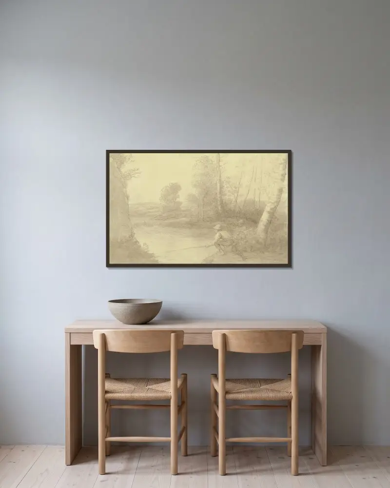 Fiskarna vid floden av Alphonse Legros inramad på en vägg