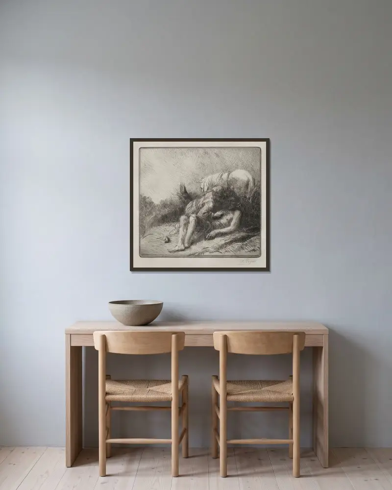 Den barmhärtige samariten av Alphonse Legros inramad på en vägg