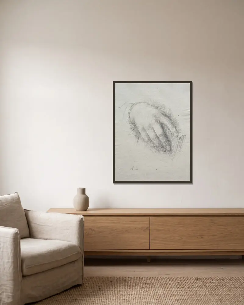 Nora E. Legros hand av Alphonse Legros inramad på en vägg