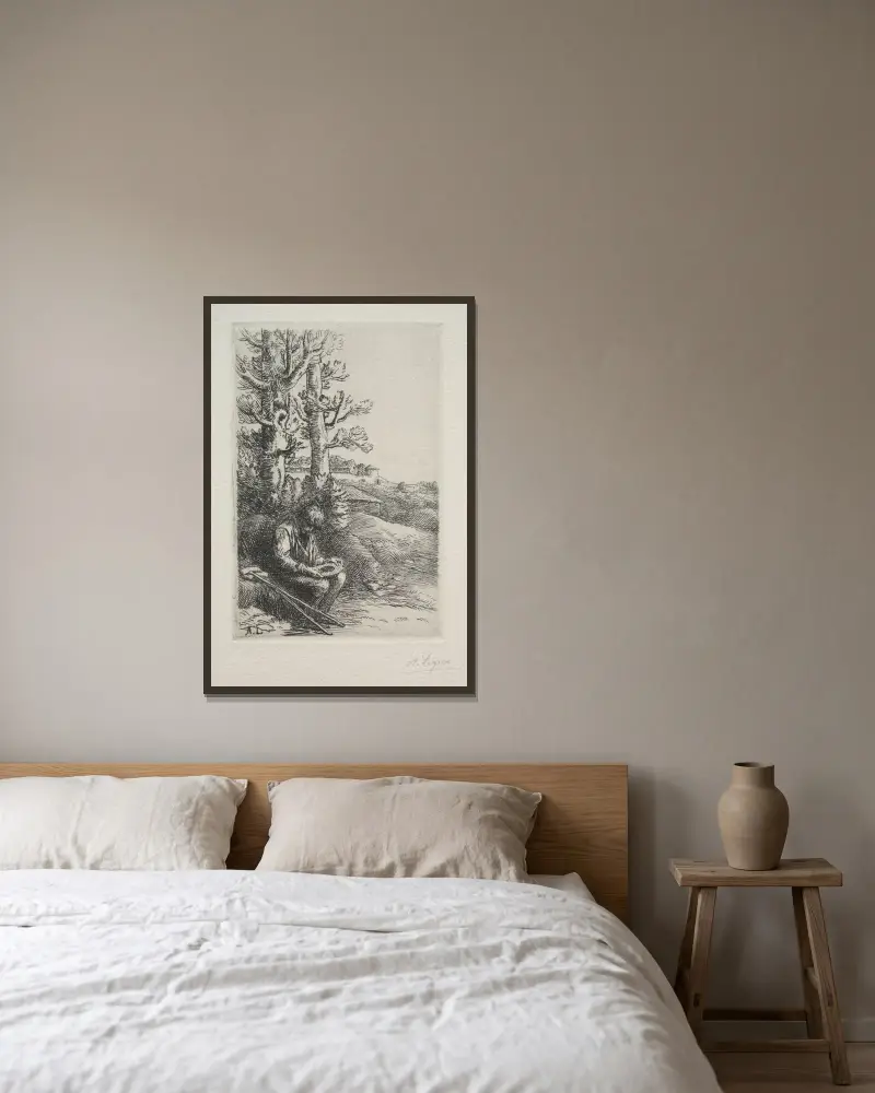 Den lilla tiggaren av Alphonse Legros inramad på en vägg