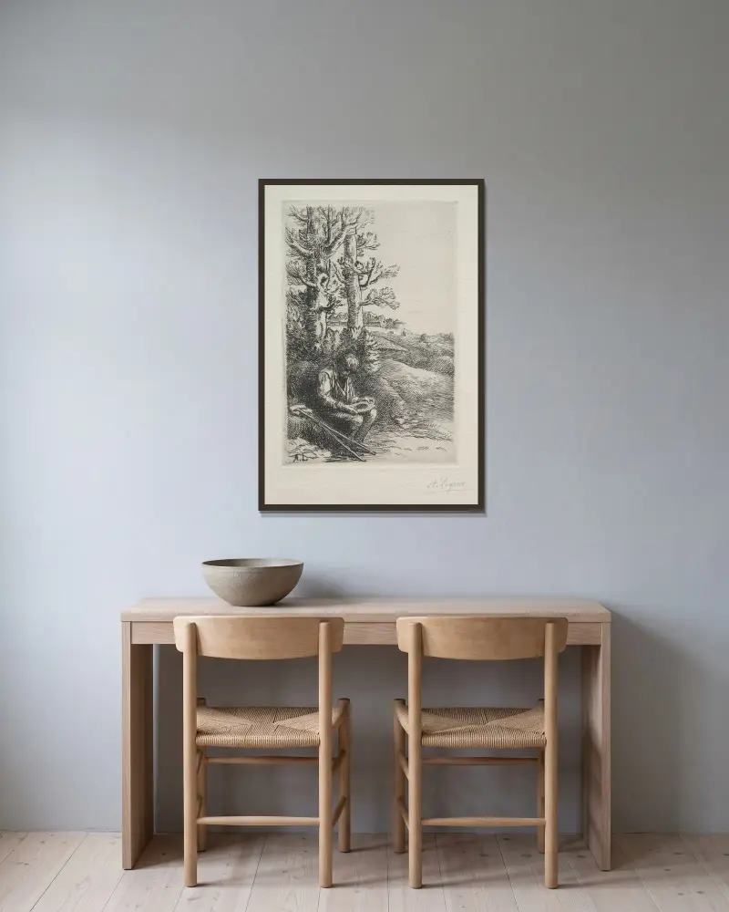 Den lilla tiggaren av Alphonse Legros inramad på en vägg
