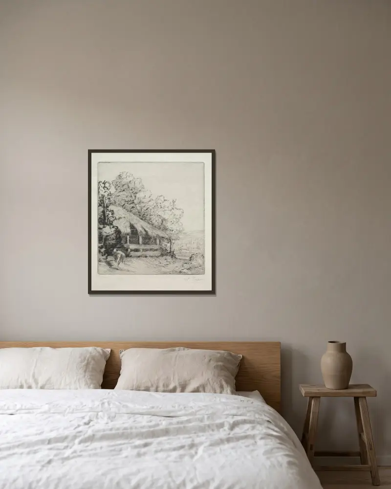 Det lilla skjulet av Alphonse Legros inramad på en vägg