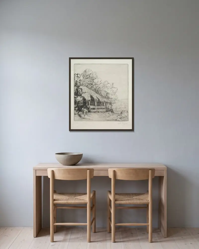 Det lilla skjulet av Alphonse Legros inramad på en vägg
