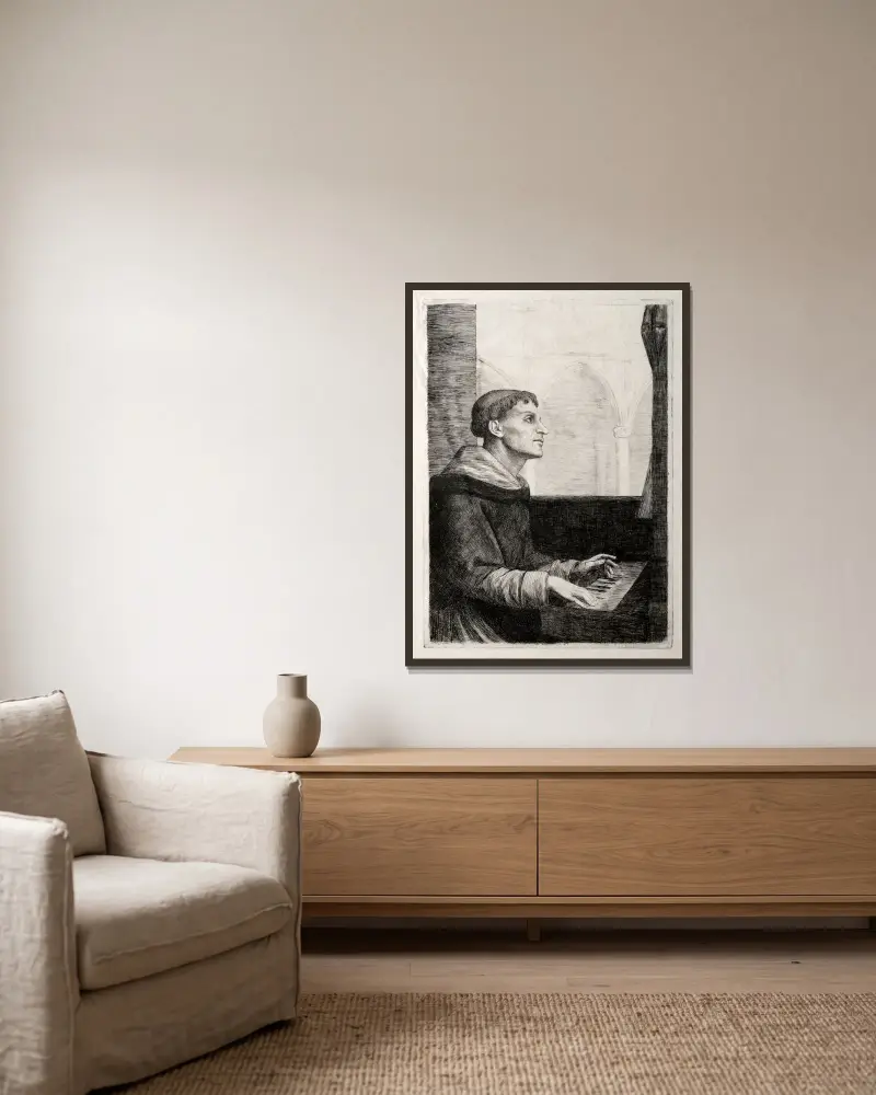 Munken vid orgeln av Alphonse Legros inramad på en vägg