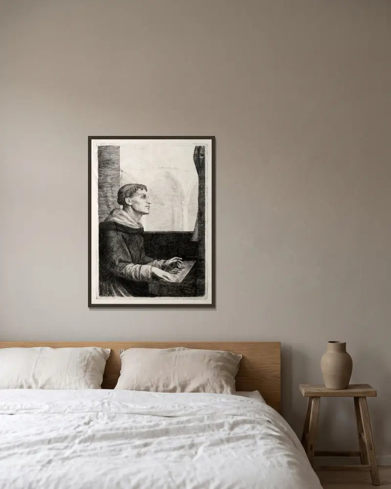 Munken vid orgeln av Alphonse Legros inramad på en vägg