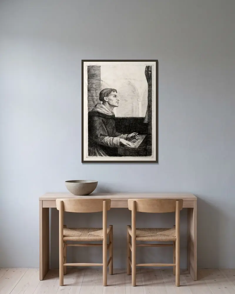 Munken vid orgeln av Alphonse Legros inramad på en vägg