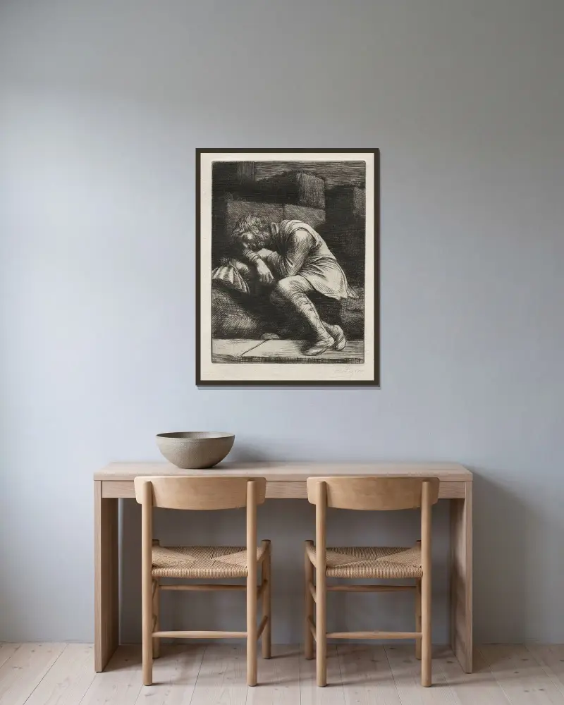 Den sovande tiggaren av Alphonse Legros inramad på en vägg