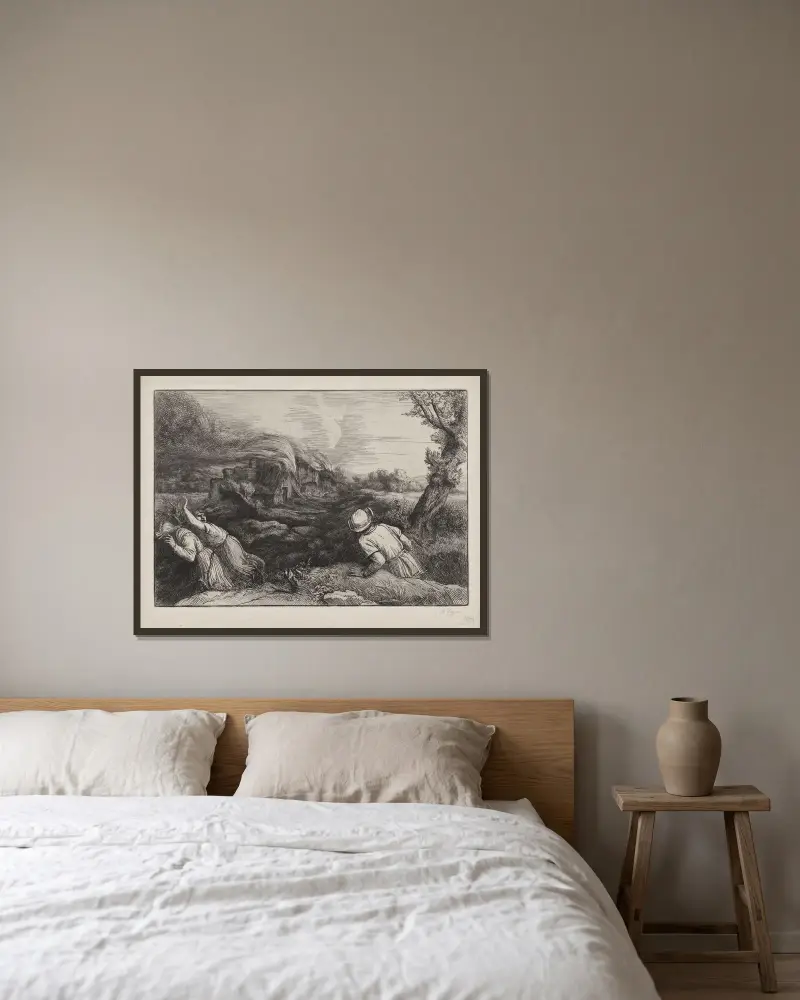Byn i lågor av Alphonse Legros inramad på en vägg