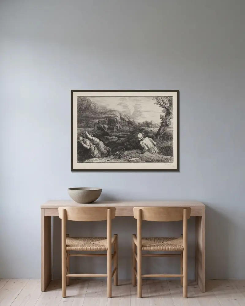 Byn i lågor av Alphonse Legros inramad på en vägg
