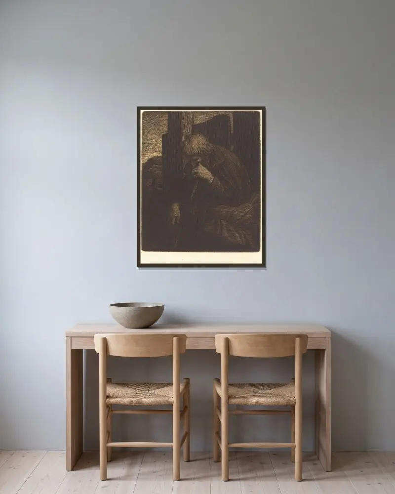 Thinker (Le penseur) av Alphonse Legros inramad på en vägg
