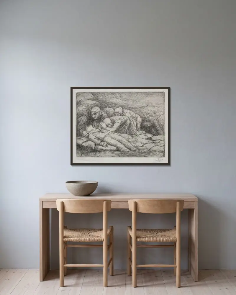 Dödens triumf; Döden hos en sjömansfamilj av Alphonse Legros inramad på en vägg