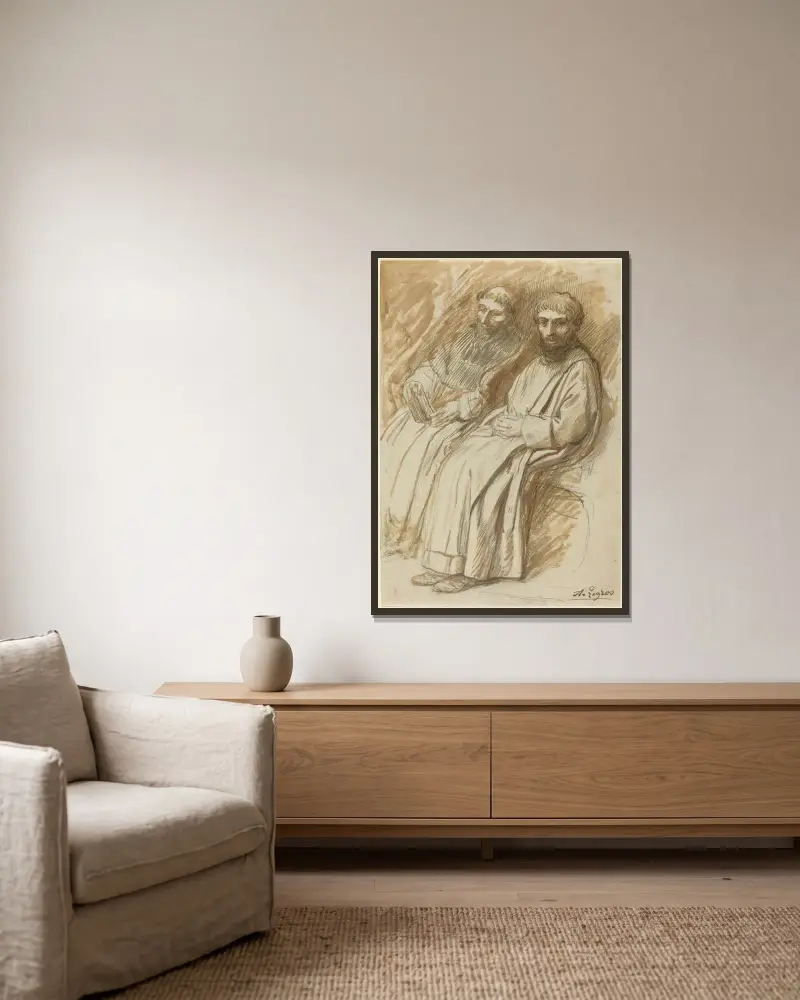Två munkar i en kyrka av Alphonse Legros inramad på en vägg