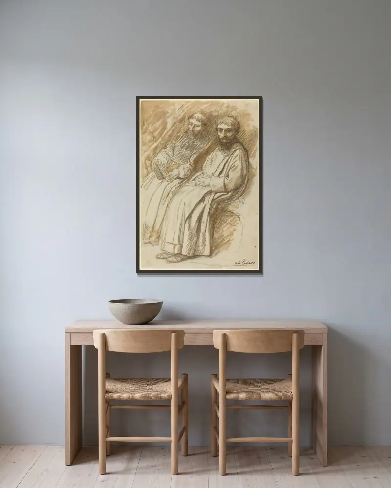 Två munkar i en kyrka av Alphonse Legros inramad på en vägg