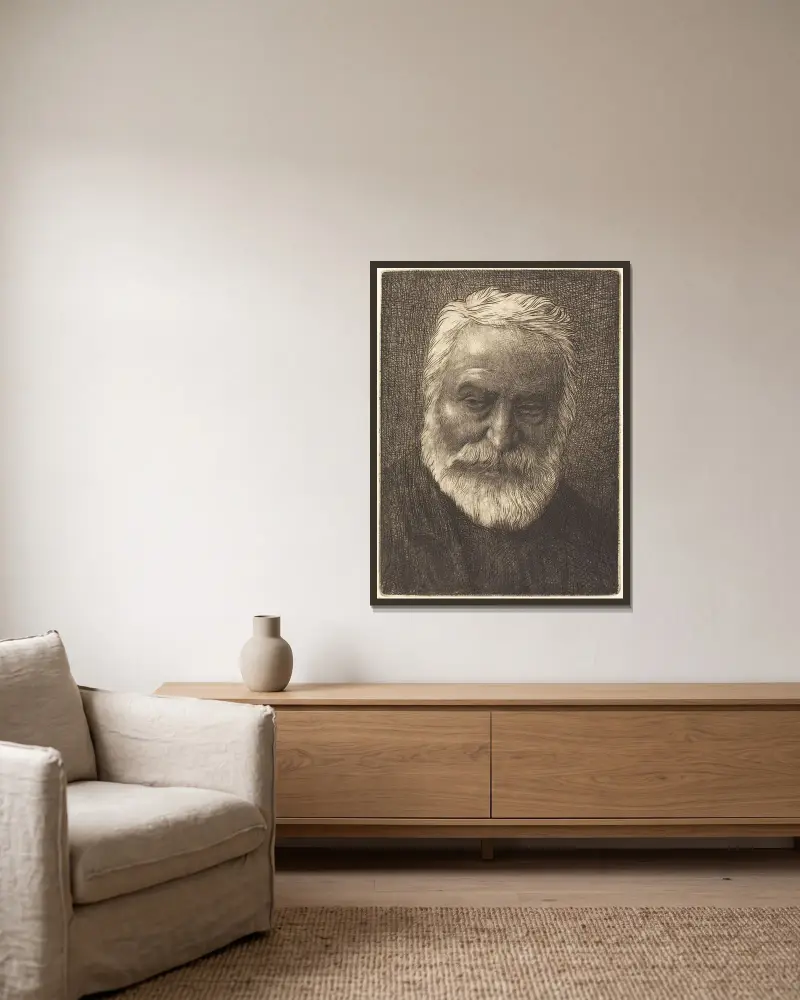 Victor Hugo, andra plåten av Alphonse Legros inramad på en vägg