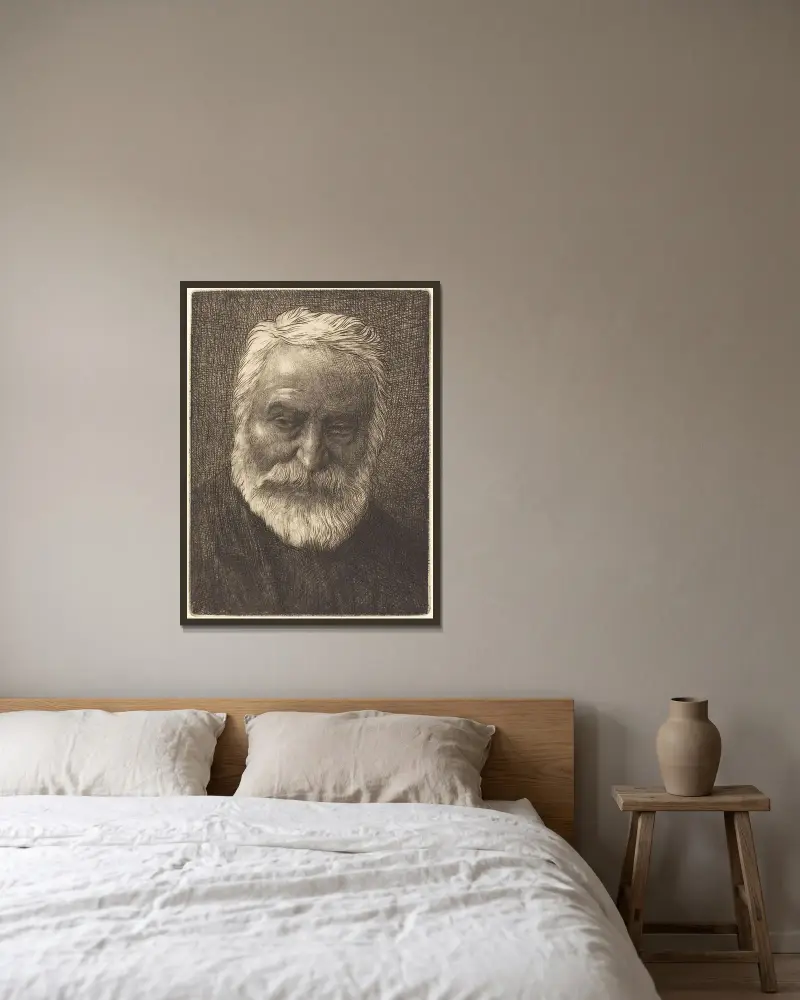 Victor Hugo, andra plåten av Alphonse Legros inramad på en vägg