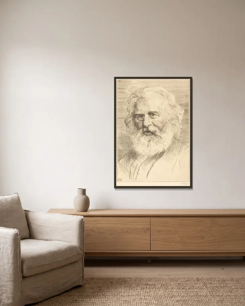 W.H. Longfellow, 1st plate II av Alphonse Legros inramad på en vägg
