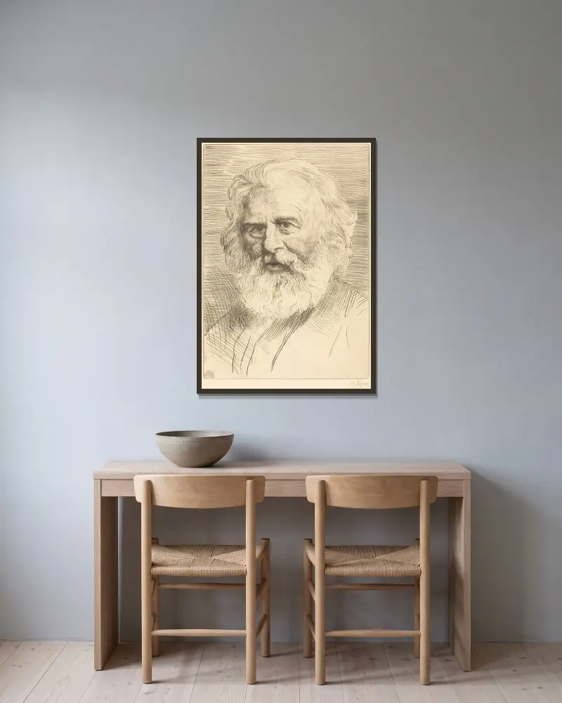 W.H. Longfellow, 1st plate II av Alphonse Legros inramad på en vägg