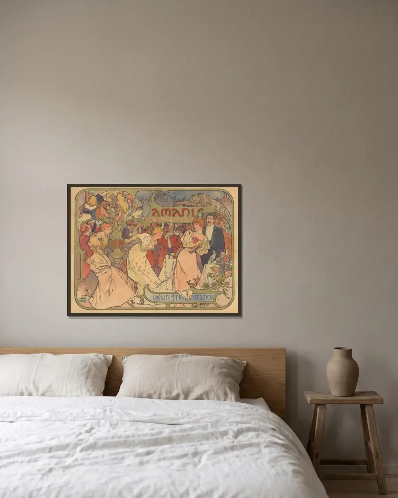 Amants, komedia M. Donnaya. Théâtre de la Renaissance, Alphonse Mucha w ramie na ścianie