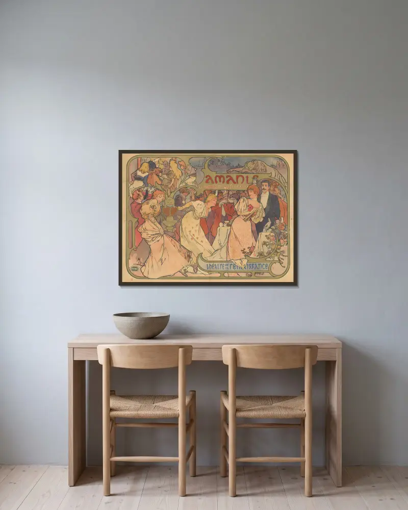 Amants, komedia M. Donnaya. Théâtre de la Renaissance, Alphonse Mucha w ramie na ścianie