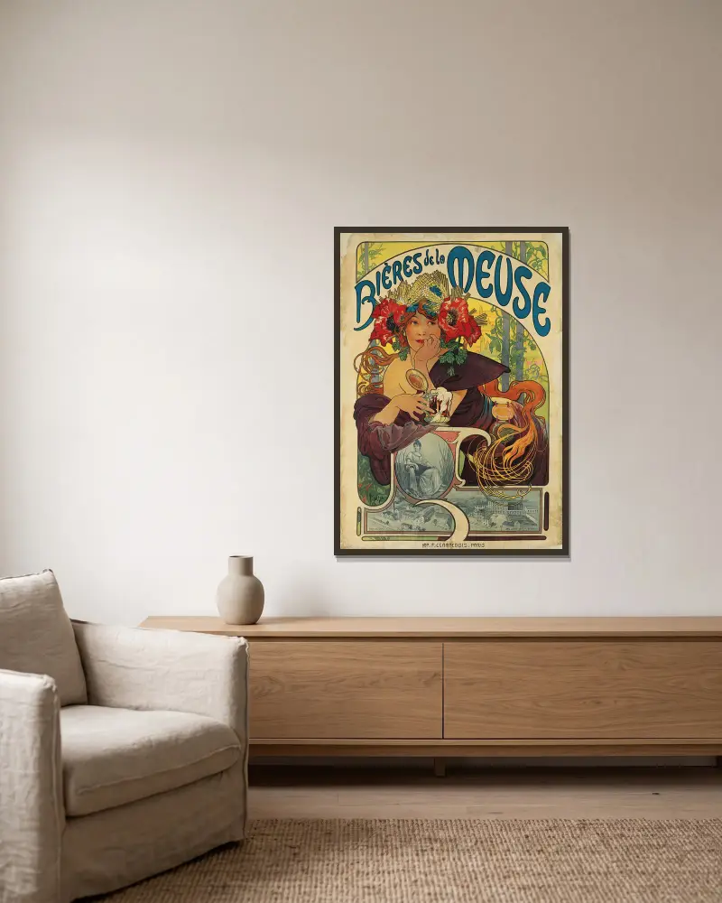 Bières de la Meuse, 1897, Alphonse Mucha v rámu na stěně
