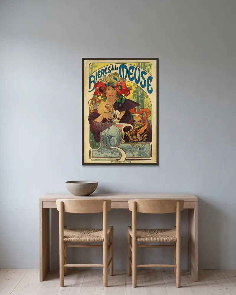 Bières de la Meuse, 1897, Alphonse Mucha v rámu na stěně