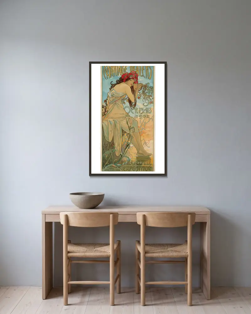 Kutschenhändler von Alphonse Mucha gerahmt an einer Wand