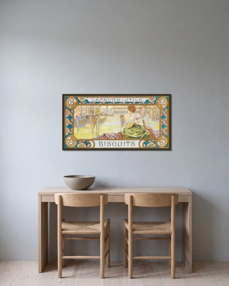 Design for a box of Lefèvre-Utile biscuits av Alphonse Mucha inramad på en vägg