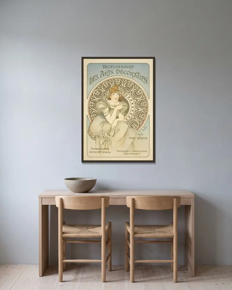 Dictionnaire des Arts Décoratifs av Alphonse Mucha inramad på en vägg