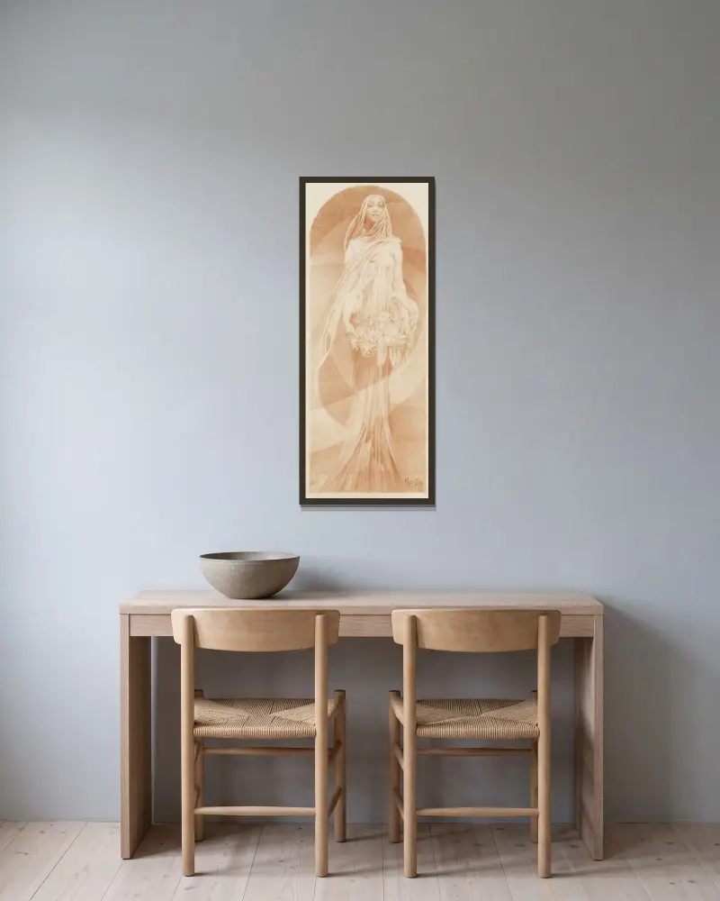 Evokation von Alphonse Mucha gerahmt an einer Wand