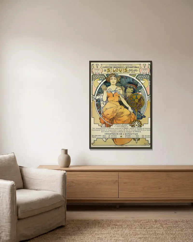 Exposition Universelles Et Internationale De St. Louis (Etats Unis) Du 30 Avril Au 30 Novembre av Alphonse Mucha inramad på en vägg