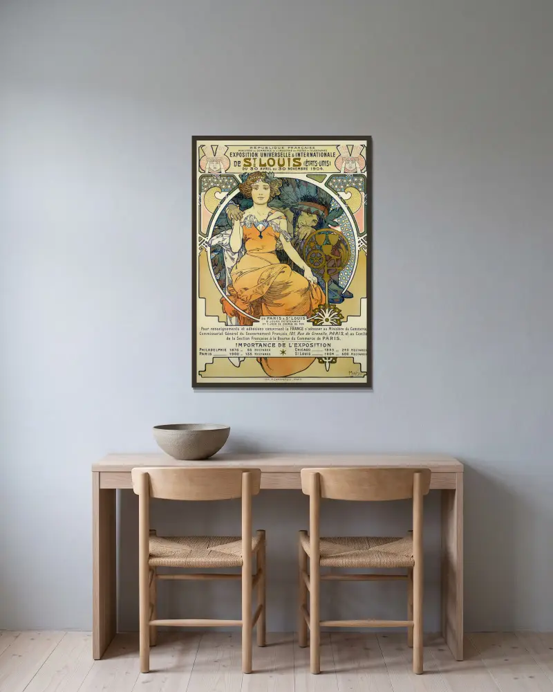 Exposition Universelles Et Internationale De St. Louis (Etats Unis) Du 30 Avril Au 30 Novembre av Alphonse Mucha inramad på en vägg