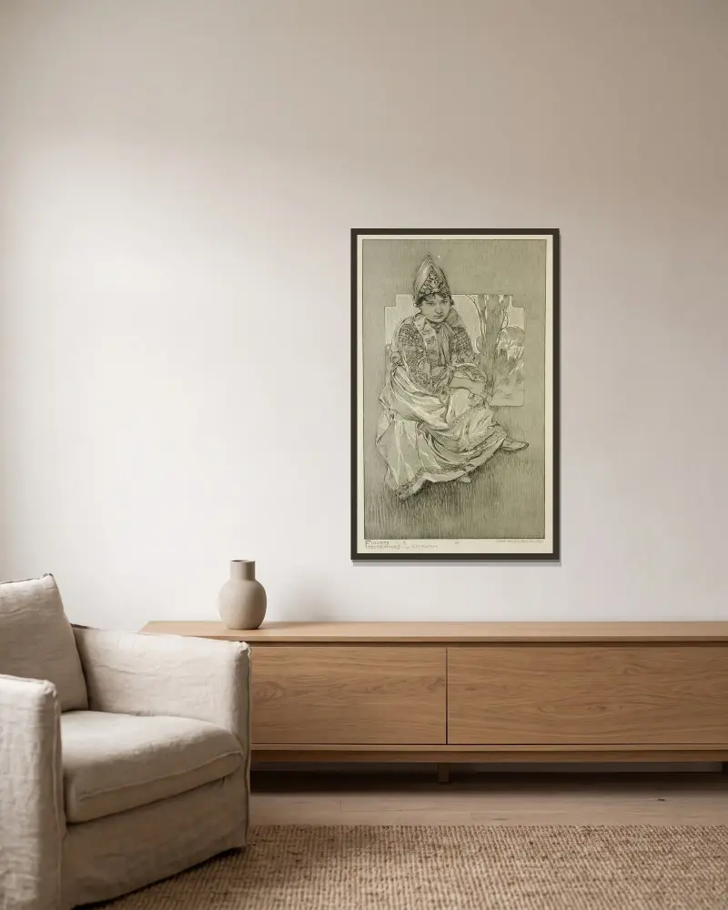 Dekorative Figuren von Alphonse Mucha gerahmt an einer Wand