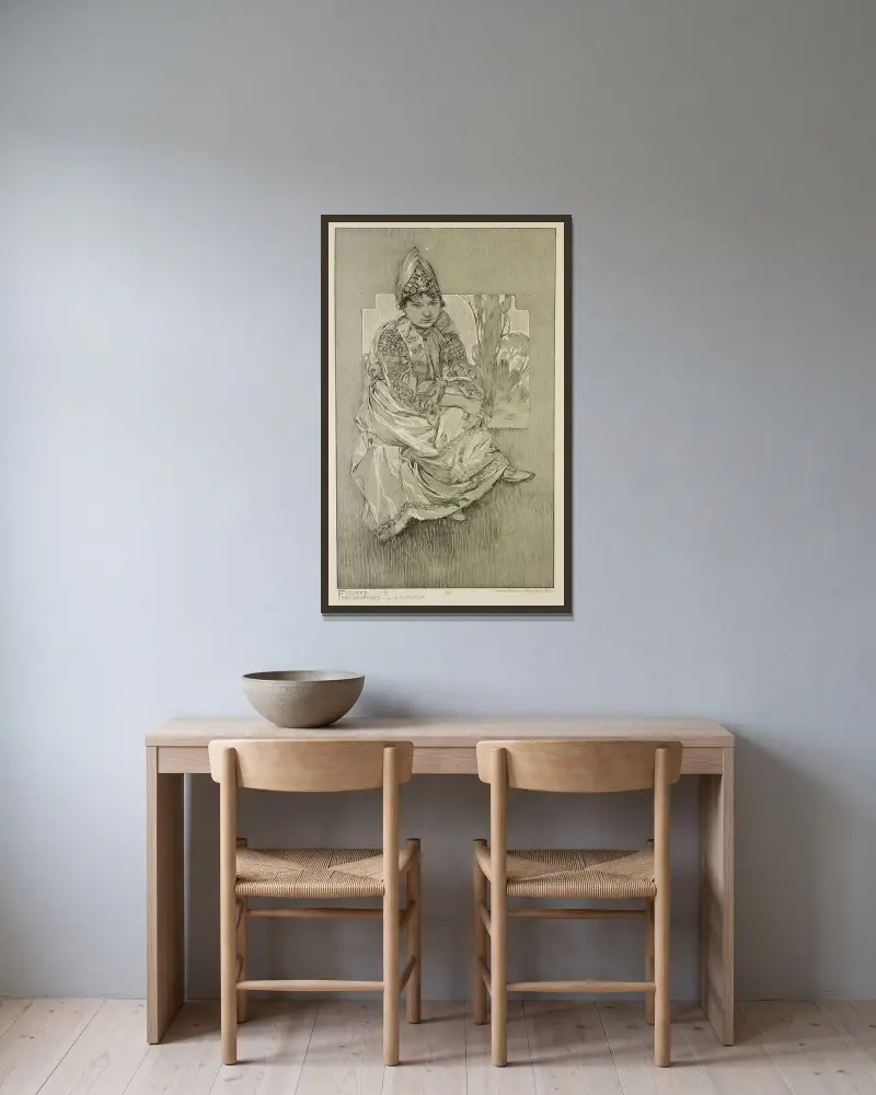 Dekorative Figuren von Alphonse Mucha gerahmt an einer Wand