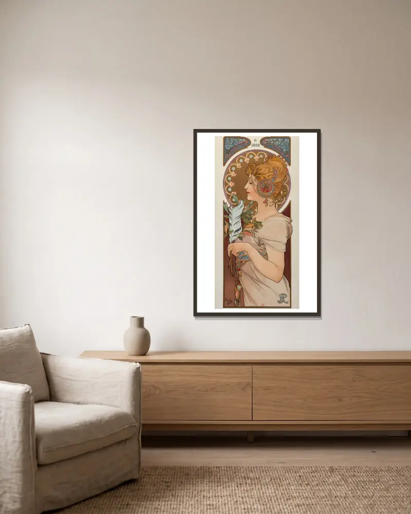 La Plume, 1899 von Alphonse Mucha gerahmt an einer Wand