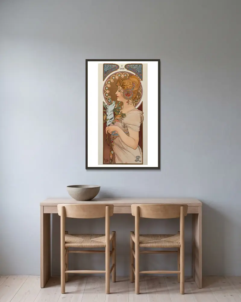 La Plume, 1899 von Alphonse Mucha gerahmt an einer Wand