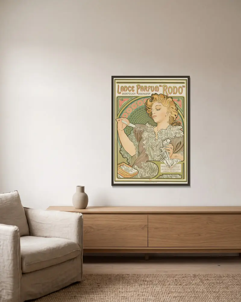 Lance parfum „Rodo” – gesetzlich geschvetz, Alphonse Mucha w ramie na ścianie