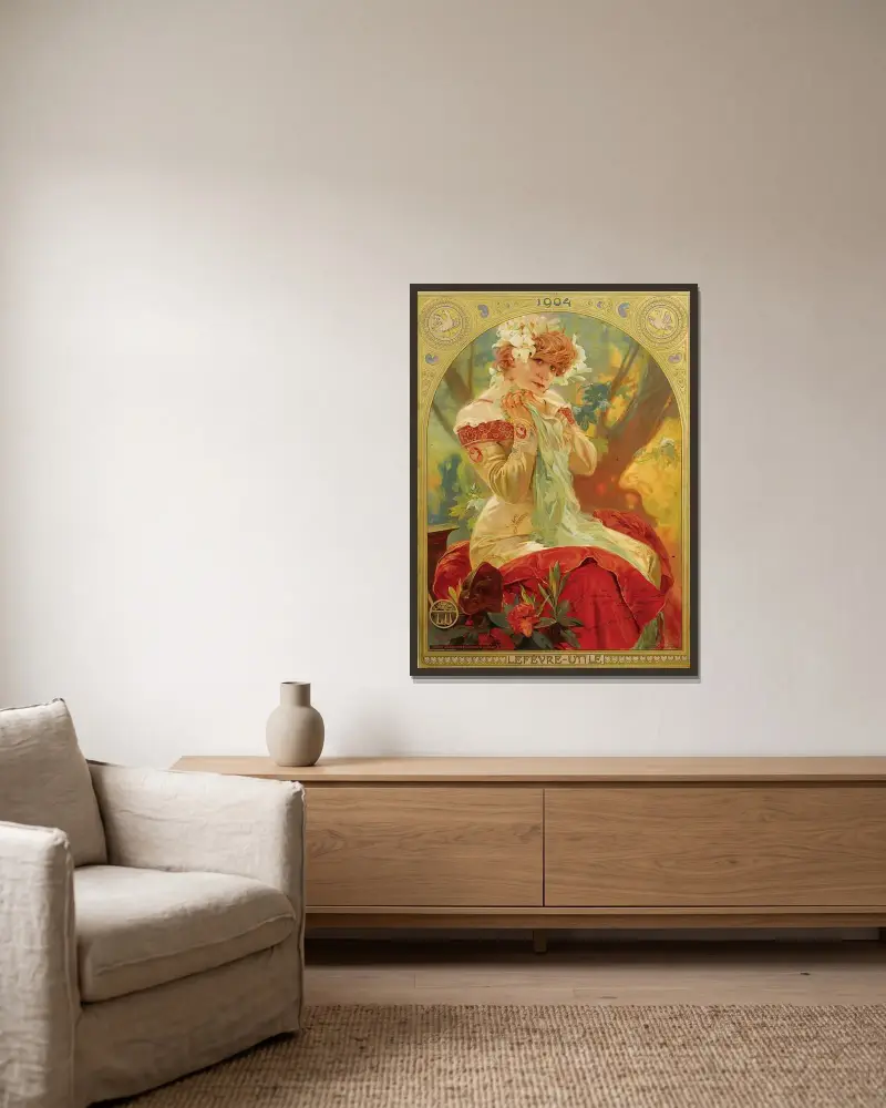 Lefevre-Utile Sarah Bernhardt, Alphonse Mucha v rámu na stěně