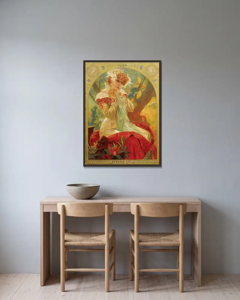Lefevre-Utile Sarah Bernhardt, Alphonse Mucha v rámu na stěně