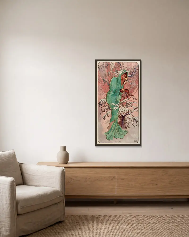 Die Jahreszeiten – Winter von Alphonse Mucha gerahmt an einer Wand