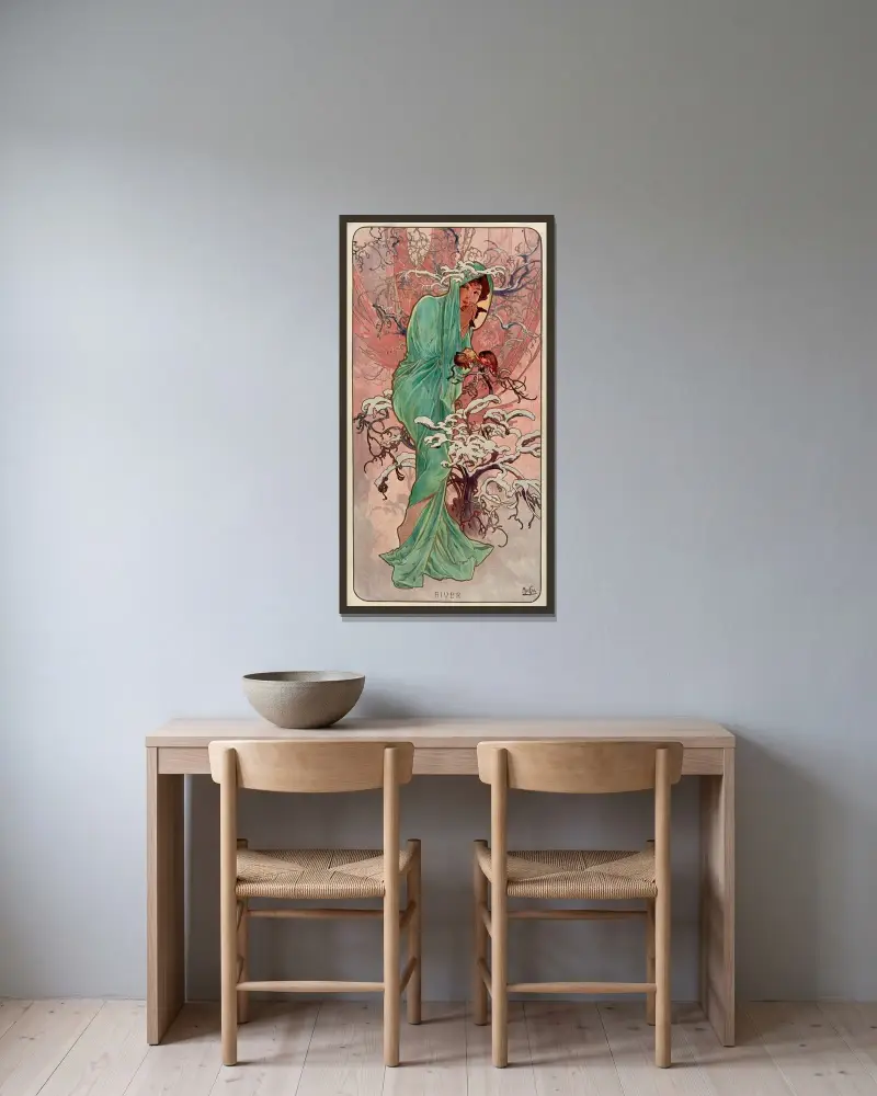 Die Jahreszeiten – Winter von Alphonse Mucha gerahmt an einer Wand