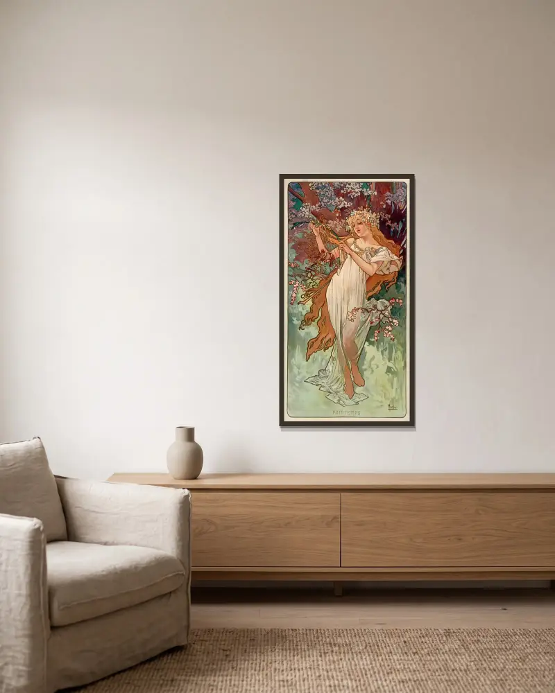 Die Jahreszeiten – Frühling von Alphonse Mucha gerahmt an einer Wand