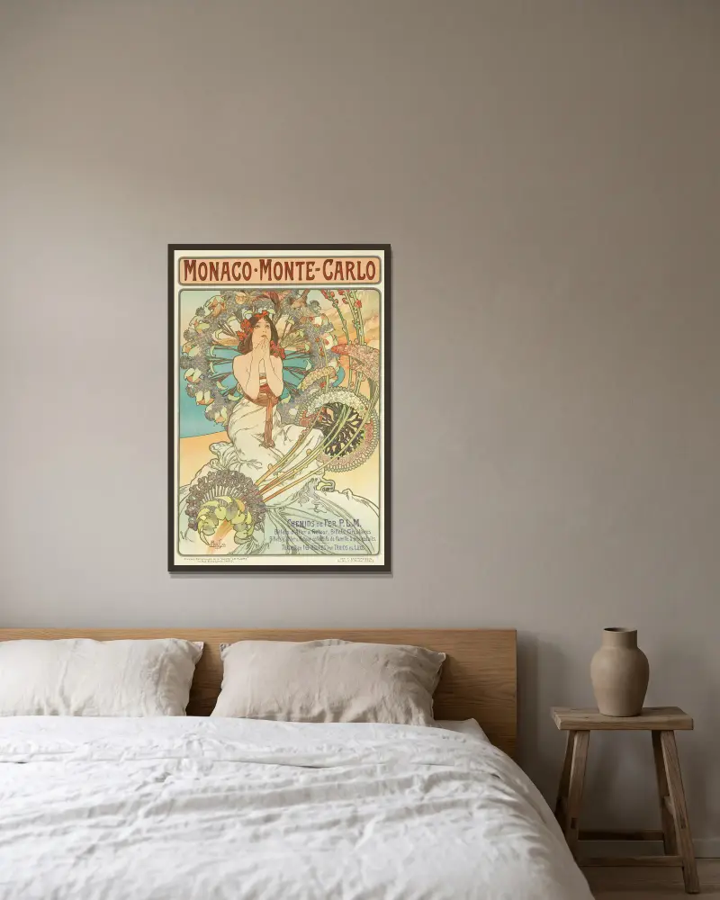 Monaco, Monte-Carlo. Chemins de Fer P.L.M. av Alphonse Mucha inramad på en vägg