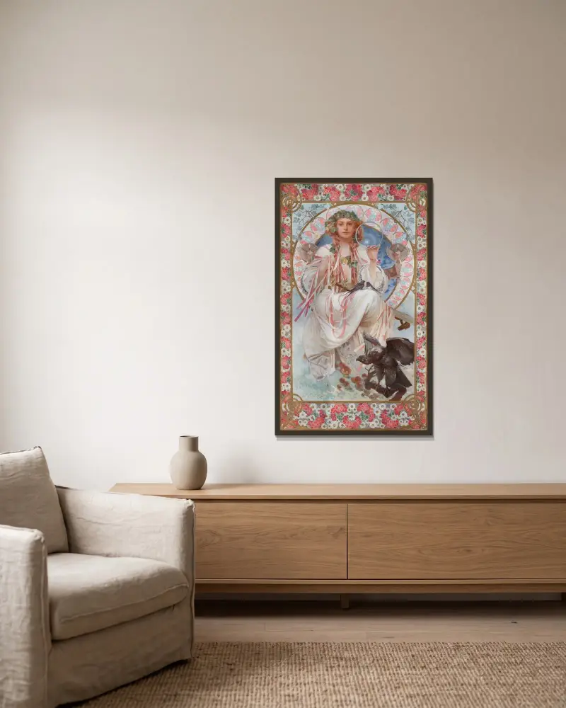 Portrait Of Josephine Crane-Bradley As Slavia av Alphonse Mucha inramad på en vägg
