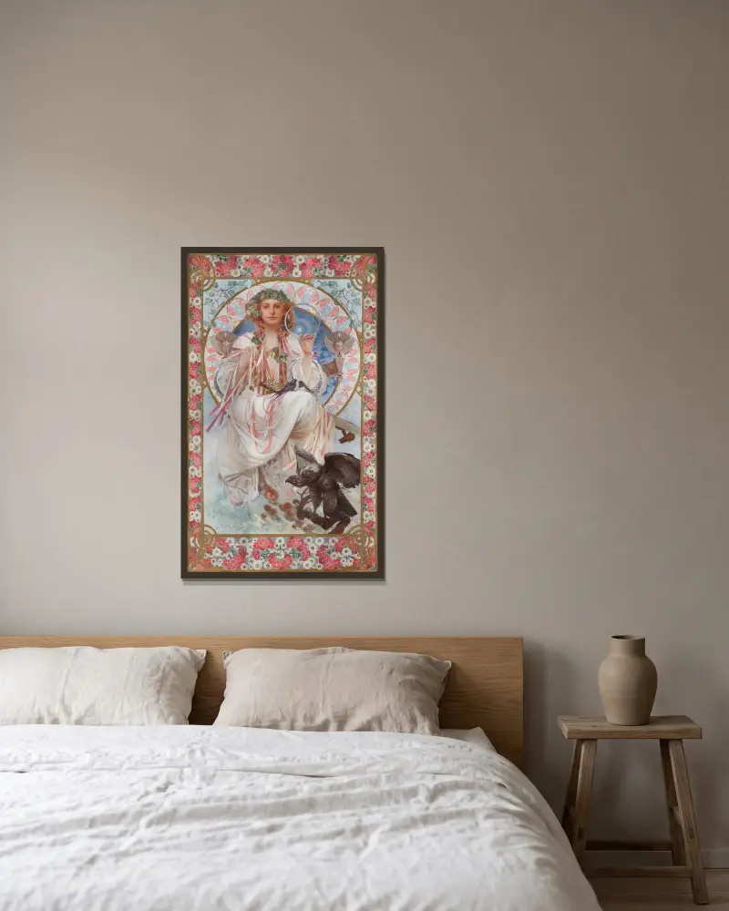 Portrait Of Josephine Crane-Bradley As Slavia av Alphonse Mucha inramad på en vägg