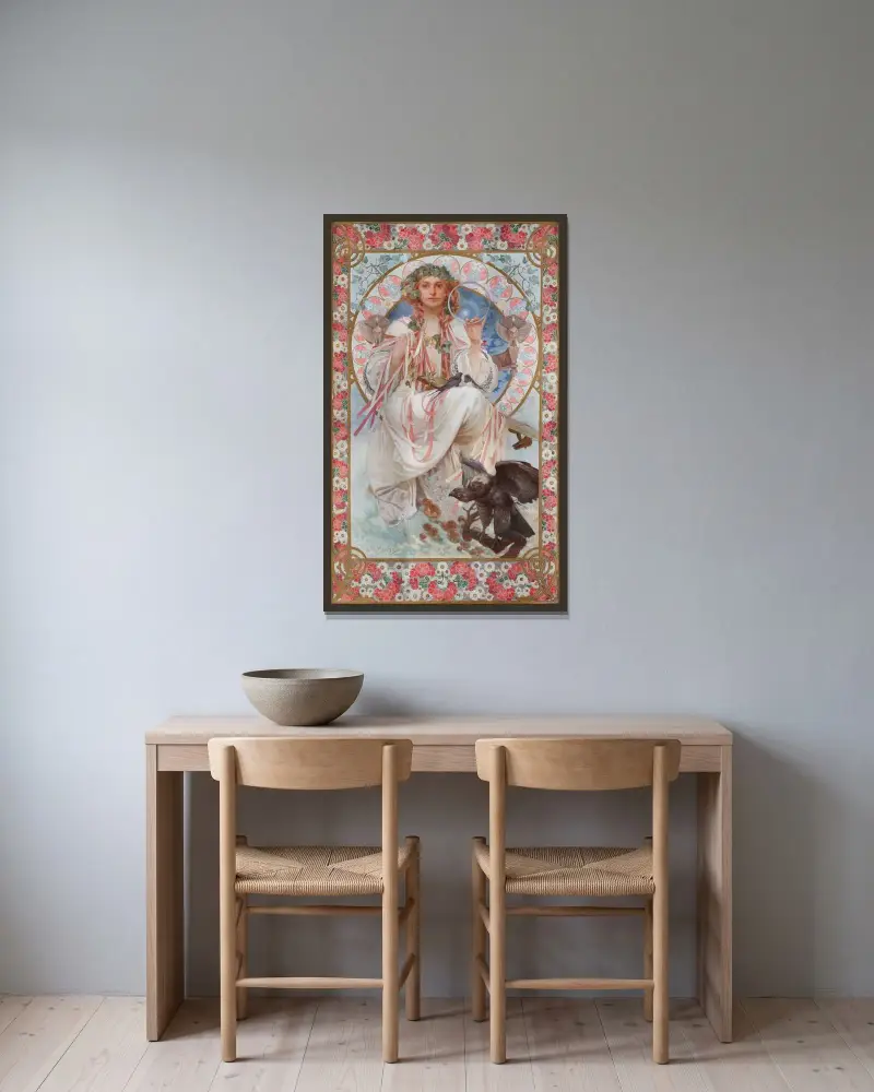Portrait Of Josephine Crane-Bradley As Slavia av Alphonse Mucha inramad på en vägg