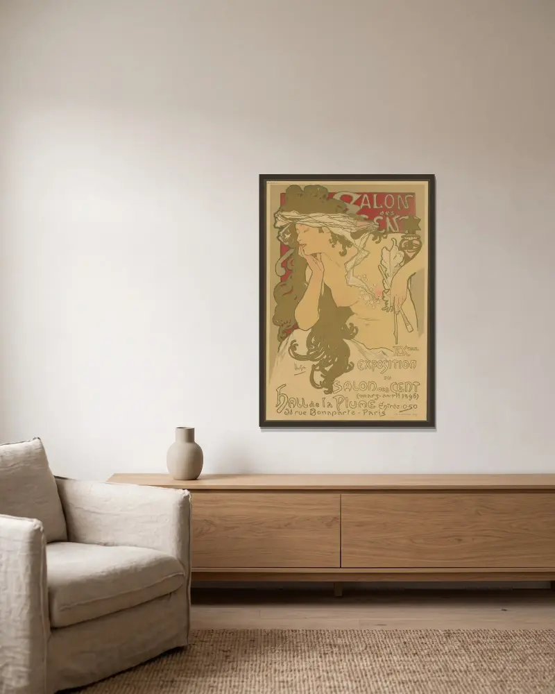 Salon des Cent, 20. Ausstellung av Alphonse Mucha inramad på en vägg