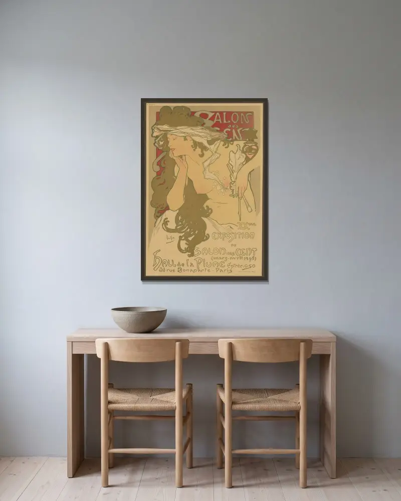 Salon des Cent, 20. Ausstellung av Alphonse Mucha inramad på en vägg